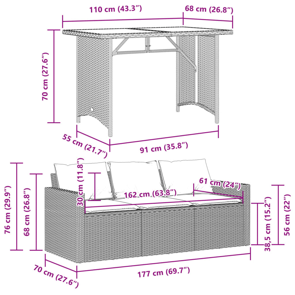 2-tlg. Garten-Essgruppe mit Kissen Schwarz Poly Rattan