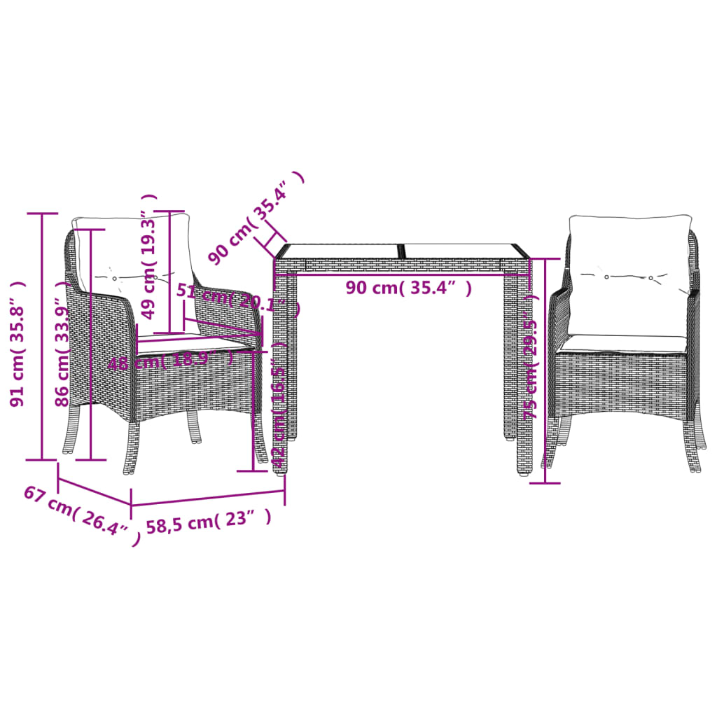 3-tlg. Garten-Essgruppe mit Kissen Schwarz Poly Rattan