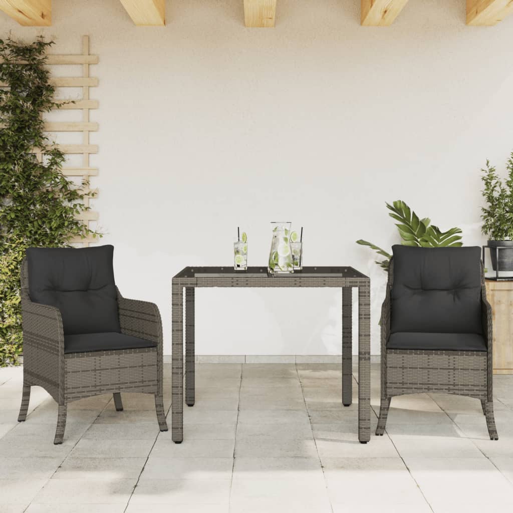 3-tlg. Garten-Essgruppe mit Kissen Grau Poly Rattan