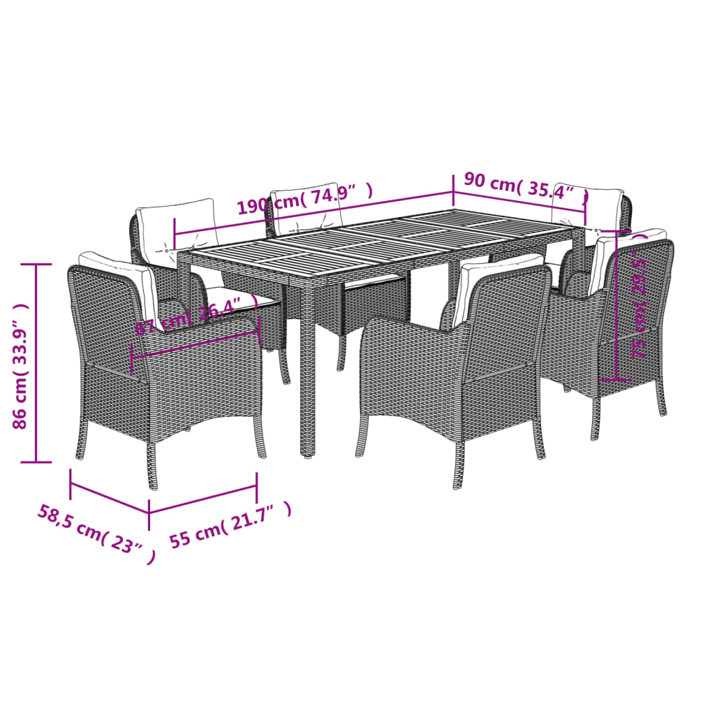 7-tlg. Garten-Essgruppe mit Kissen Grau Poly Rattan