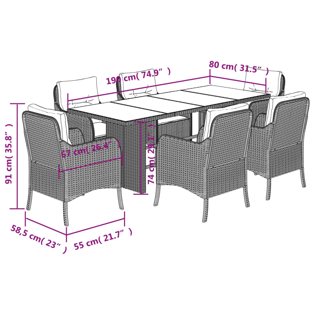 7-tlg. Garten-Essgruppe mit Kissen Braun Poly Rattan