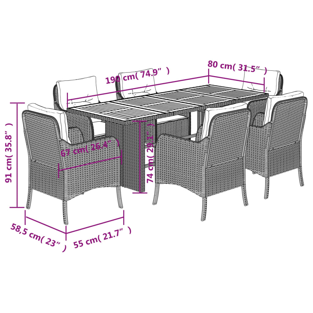 7-tlg. Garten-Essgruppe mit Kissen Grau Poly Rattan