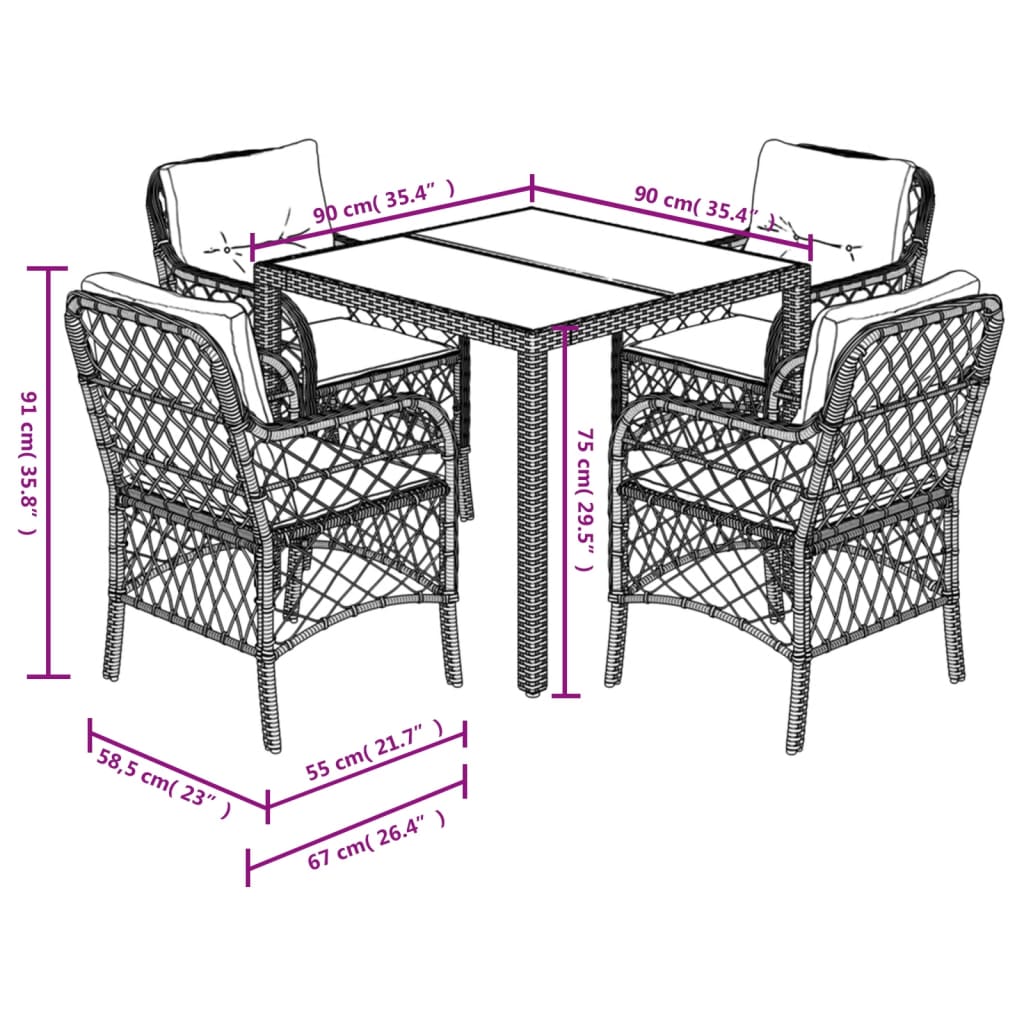 5-tlg. Garten-Essgruppe mit Kissen Schwarz Poly Rattan