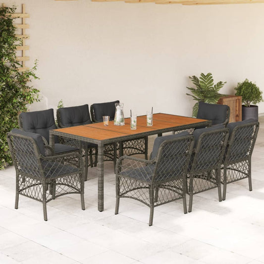 9-tlg. Garten-Essgruppe mit Kissen Grau Poly Rattan