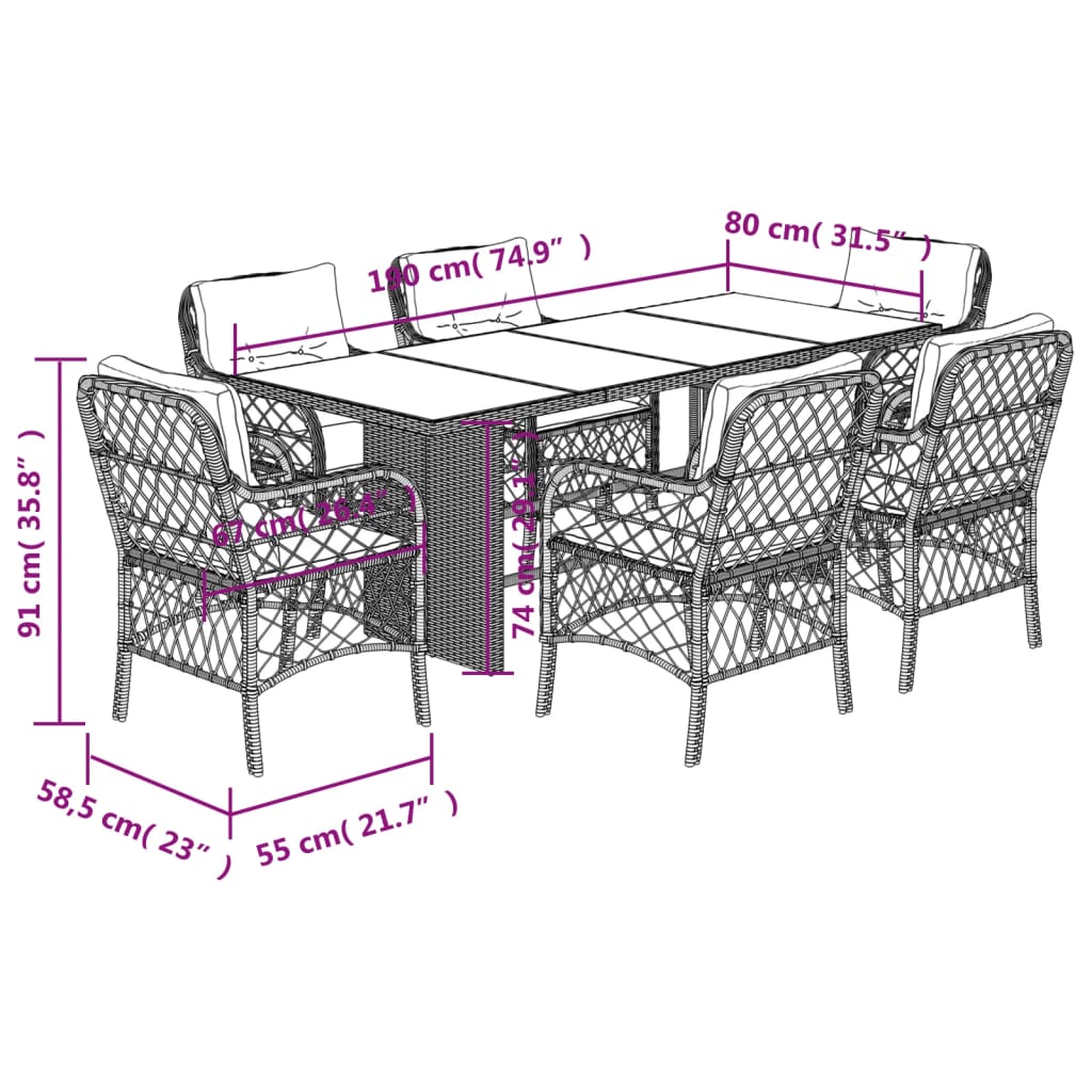 7-tlg. Garten-Essgruppe mit Kissen Grau Poly Rattan