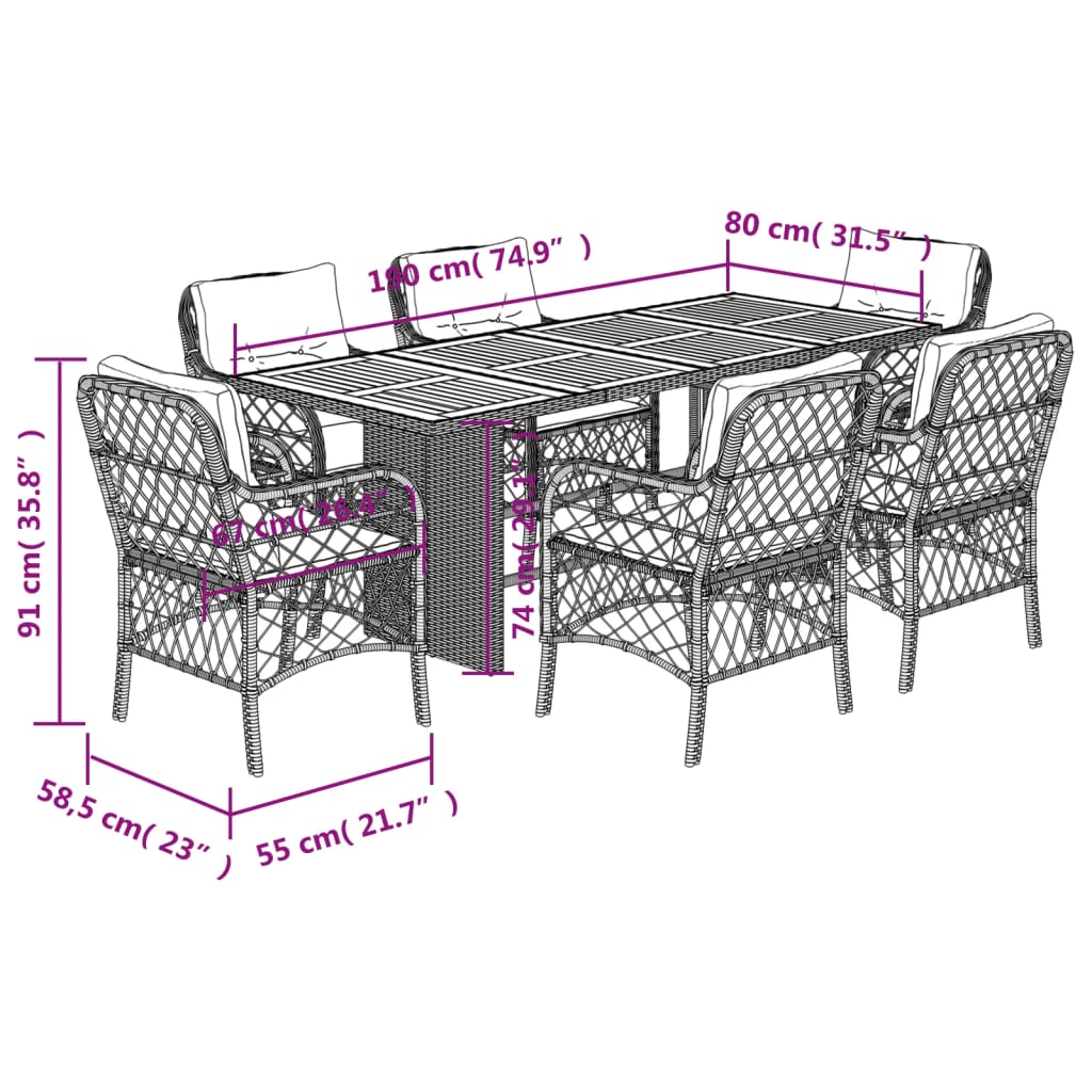 7-tlg. Garten-Essgruppe mit Kissen Schwarz Poly Rattan