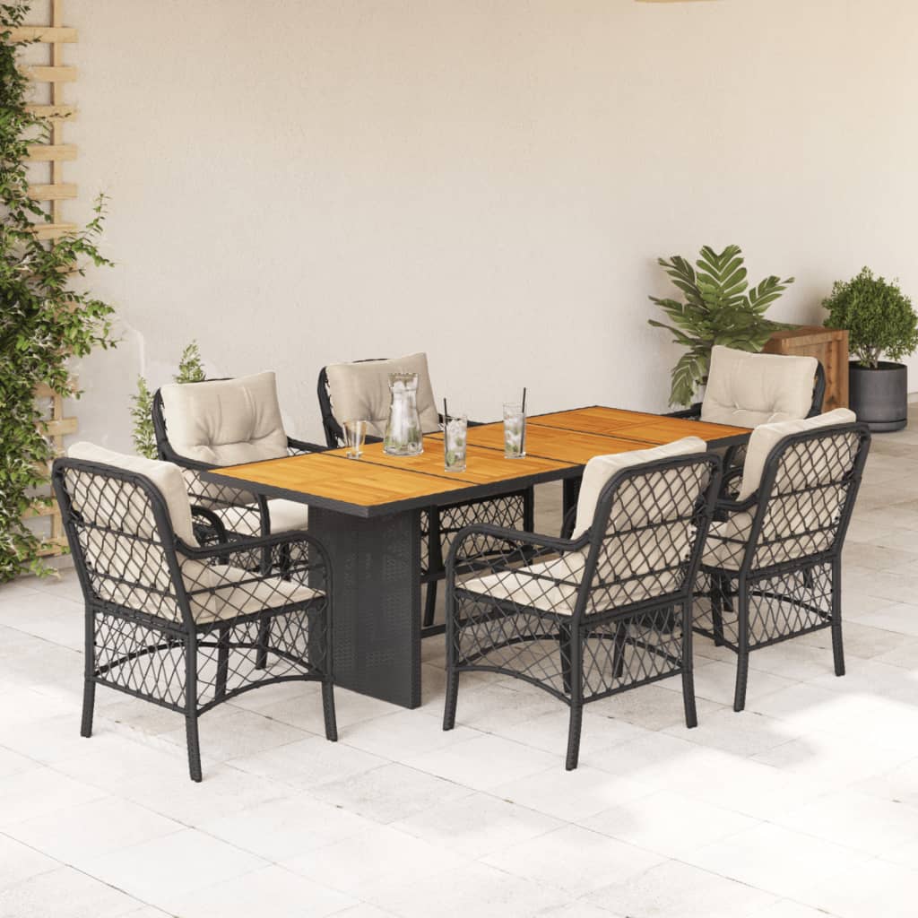 7-tlg. Garten-Essgruppe mit Kissen Schwarz Poly Rattan