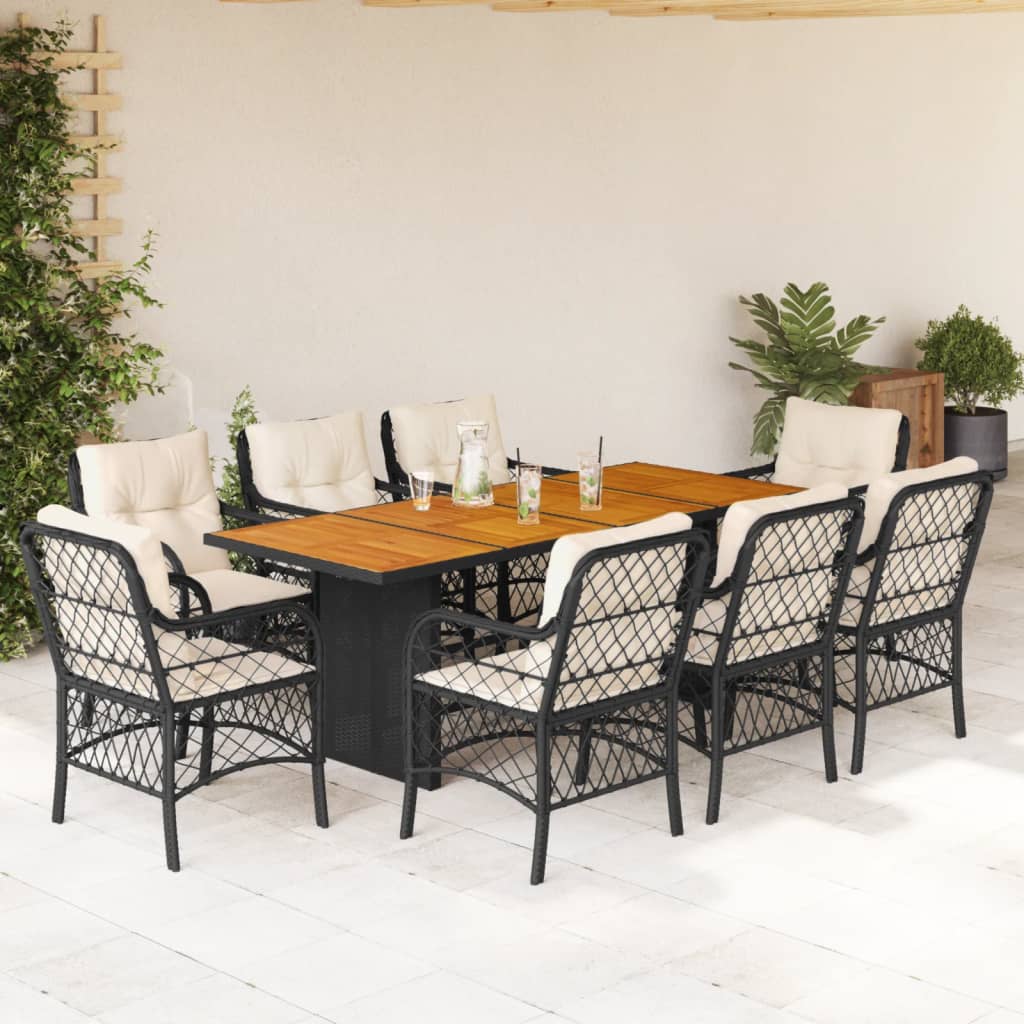 9-tlg. Garten-Essgruppe mit Kissen Schwarz Poly Rattan