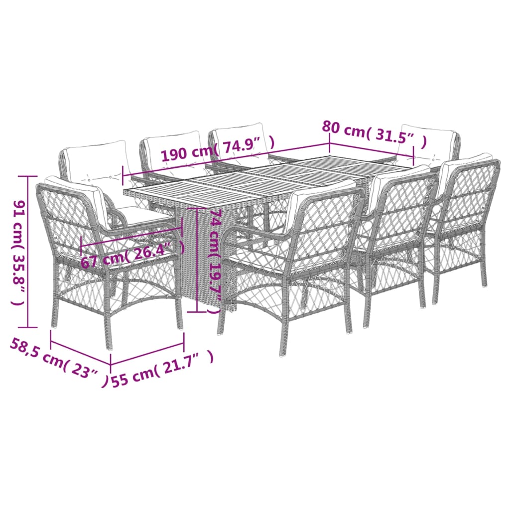 9-tlg. Garten-Essgruppe mit Kissen Schwarz Poly Rattan