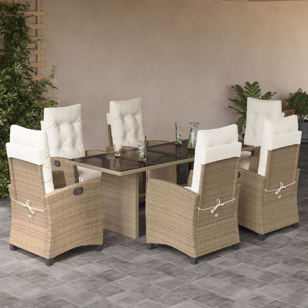 7-tlg. Garten-Essgruppe mit Kissen Beige Poly Rattan