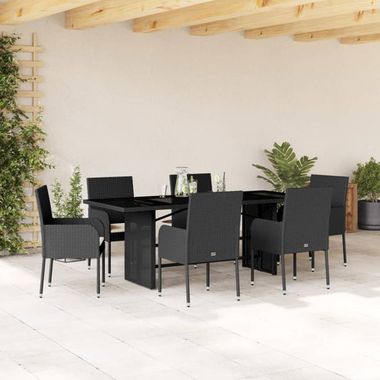 7-tlg. Garten-Essgruppe mit Kissen Schwarz Poly Rattan