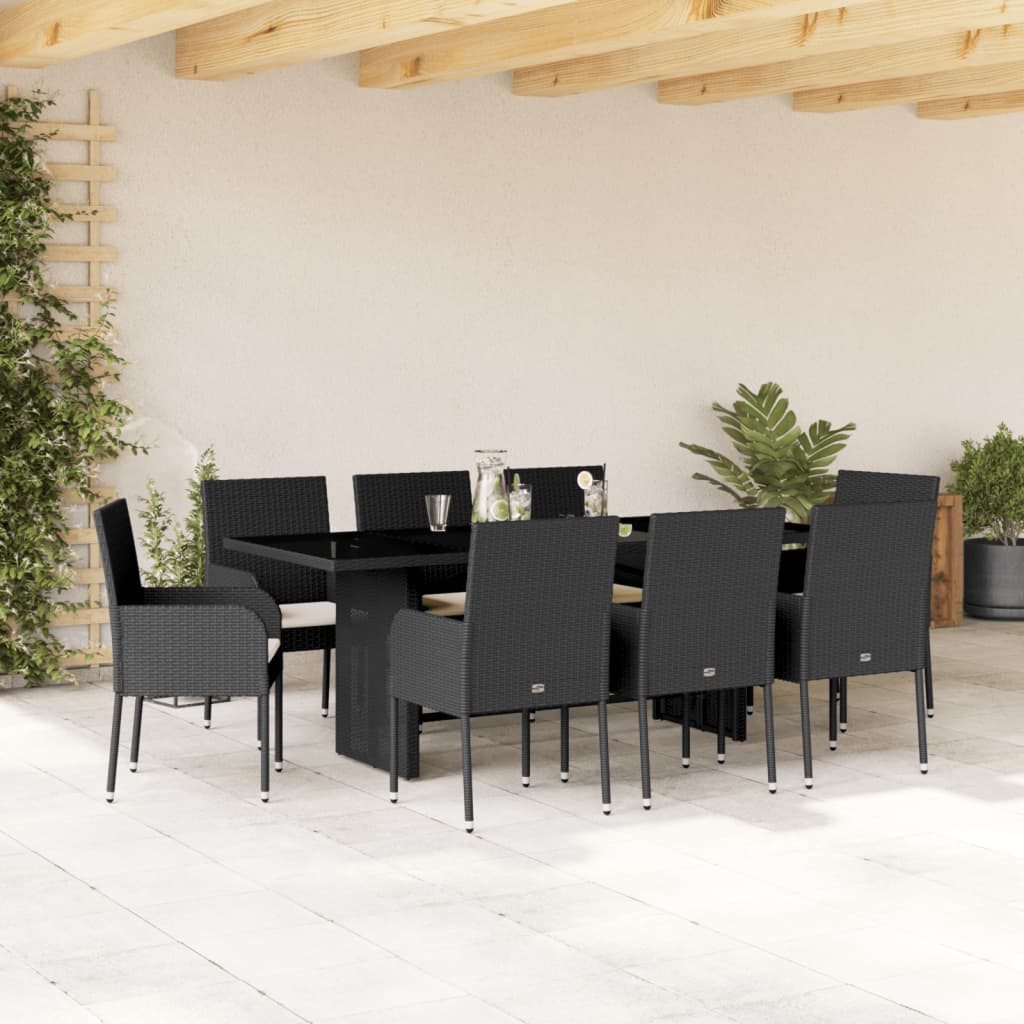 9-tlg. Garten-Essgruppe mit Kissen Schwarz Poly Rattan