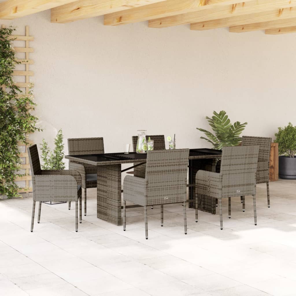 7-tlg. Garten-Essgruppe mit Kissen Grau Poly Rattan