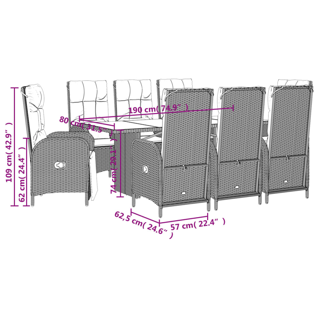 9-tlg. Garten-Essgruppe mit Kissen Schwarz Poly Rattan