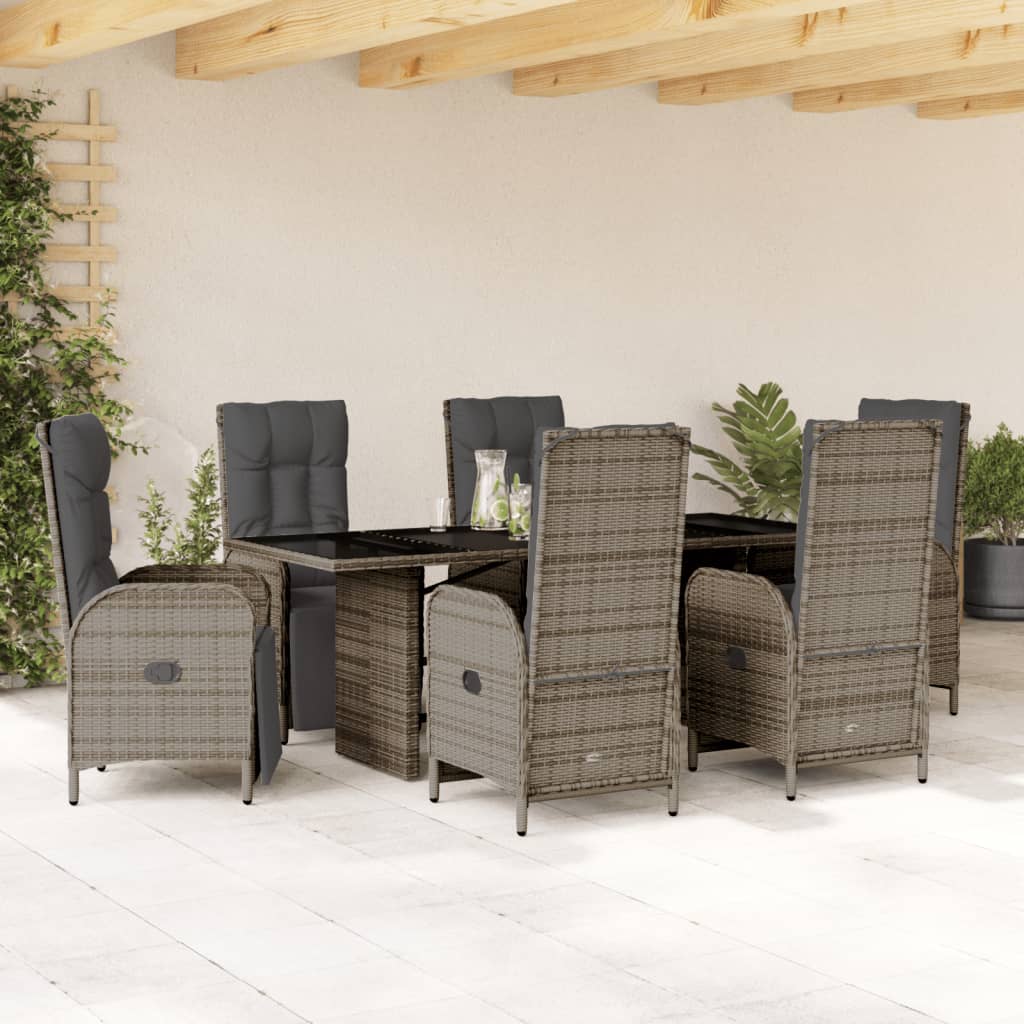 7-tlg. Garten-Essgruppe mit Kissen Grau Poly Rattan