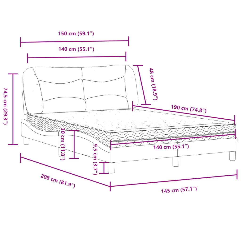 Bett mit Matratze Hellgrau 140x190 cm Stoff