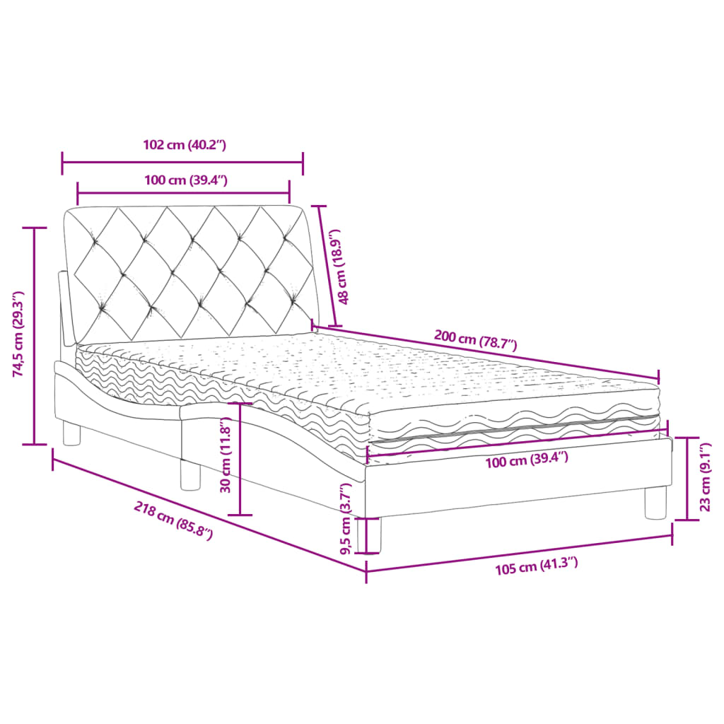 Bett mit Matratze Hellgrau 100x200 cm Samt