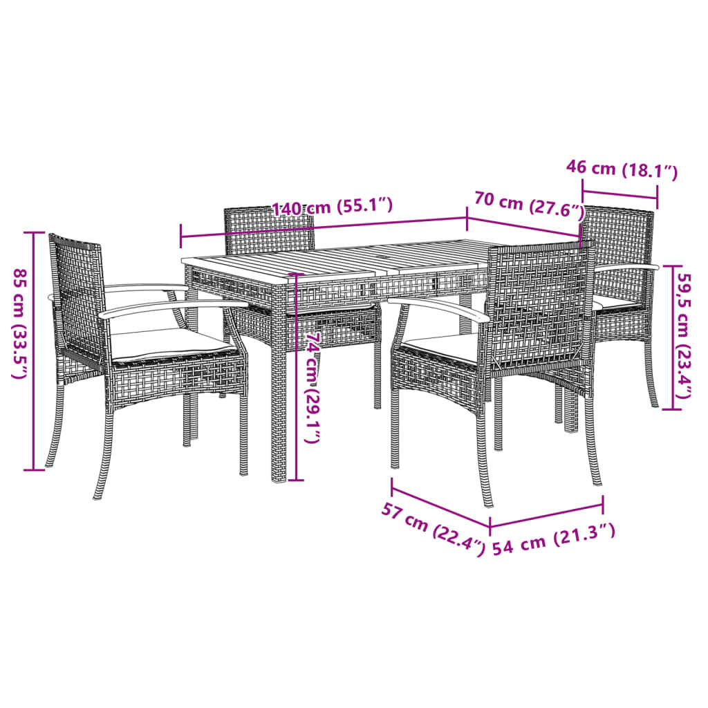 5-tlg. Garten-Essgruppe mit Kissen Beige Poly Rattan