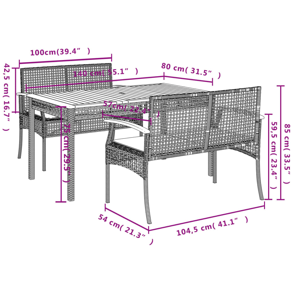 3-tlg. Garten-Essgruppe mit Kissen Beige Poly Rattan