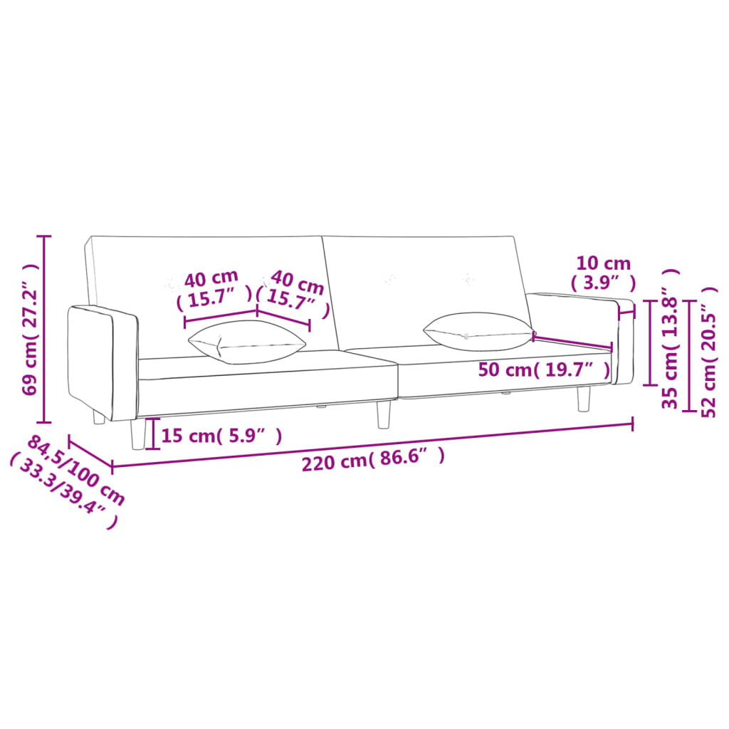 Schlafsofa 2-Sitzer mit 2 Kissen Schwarz Stoff