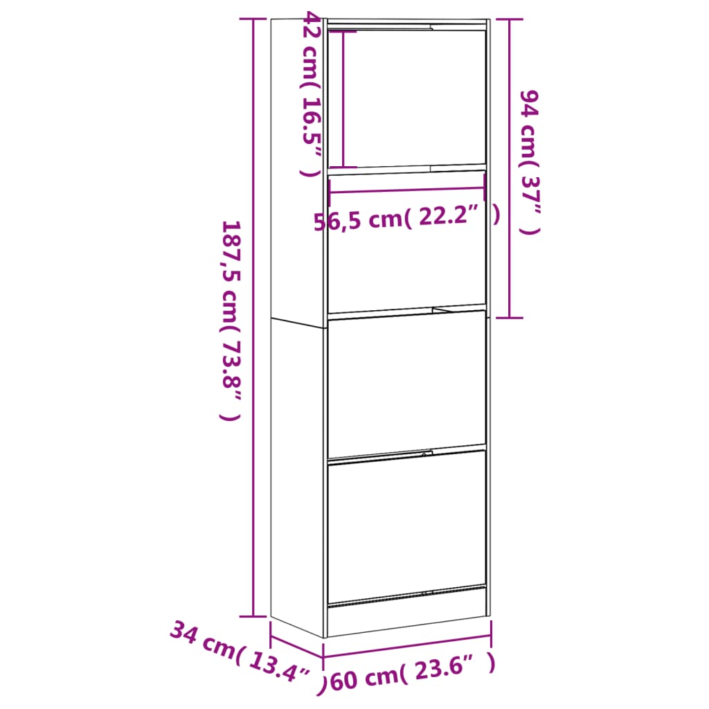 Schuhschrank mit 4 Klappen Weiß 60x34x187,5 cm