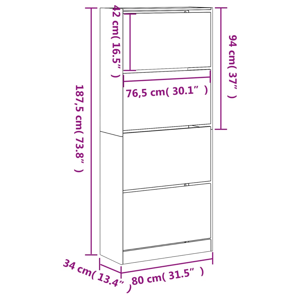 Schuhschrank mit 4 Klappen Braun Eiche-Optik 80x34x187,5 cm