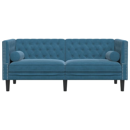 Chesterfield-Sofa mit Nackenrollen 2-Sitzer Blau Samt