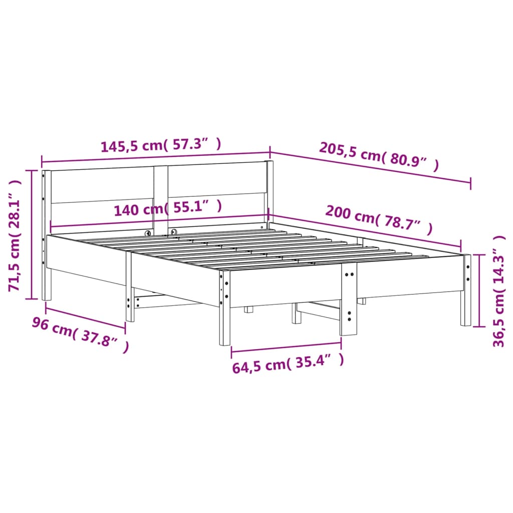 Massivholzbett ohne Matratze 140x200 cm Kiefernholz