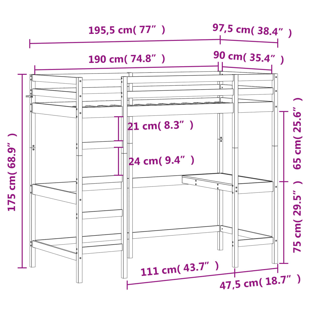 Hochbett mit Schreibtisch Weiß 90x190 cm Massivholz Kiefer