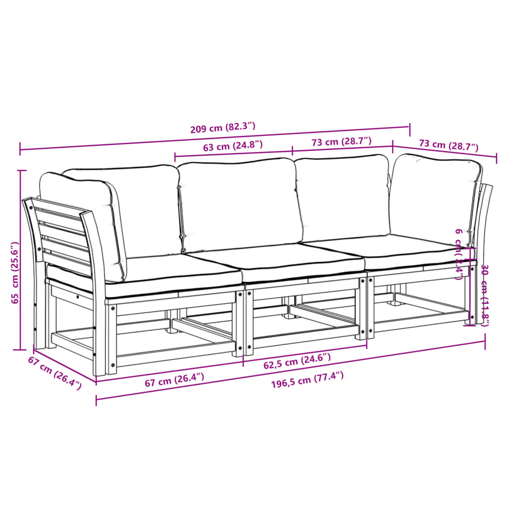 3-tlg. Garten-Lounge-Set mit Kissen Massivholz Akazie