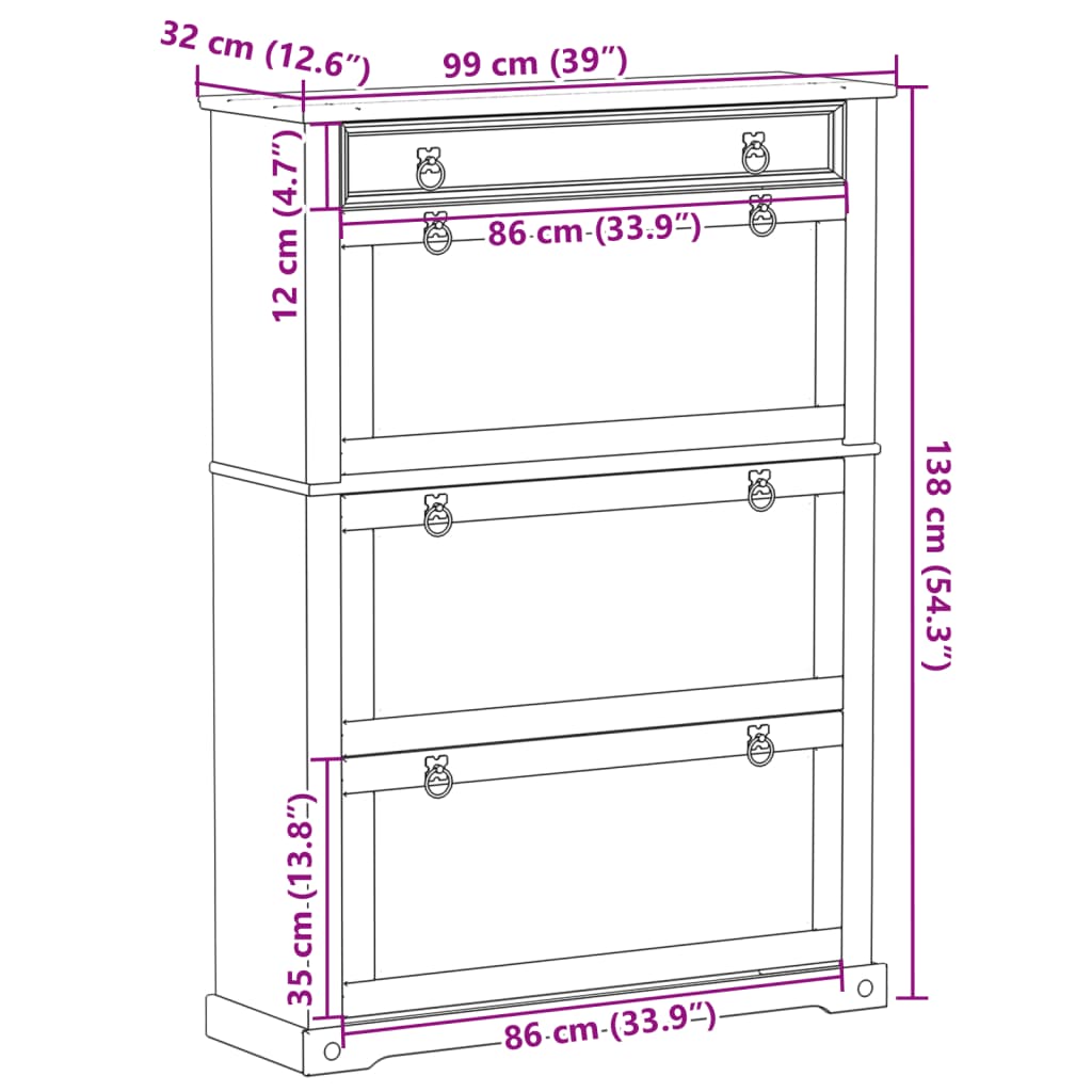 Schuhschrank Corona 99x32x138 cm Massivholz Kiefer