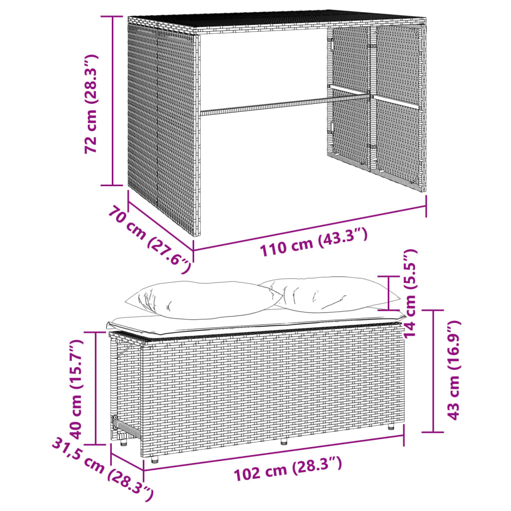 3-tlg. Garten-Essgruppe mit Kissen Schwarz Poly Rattan