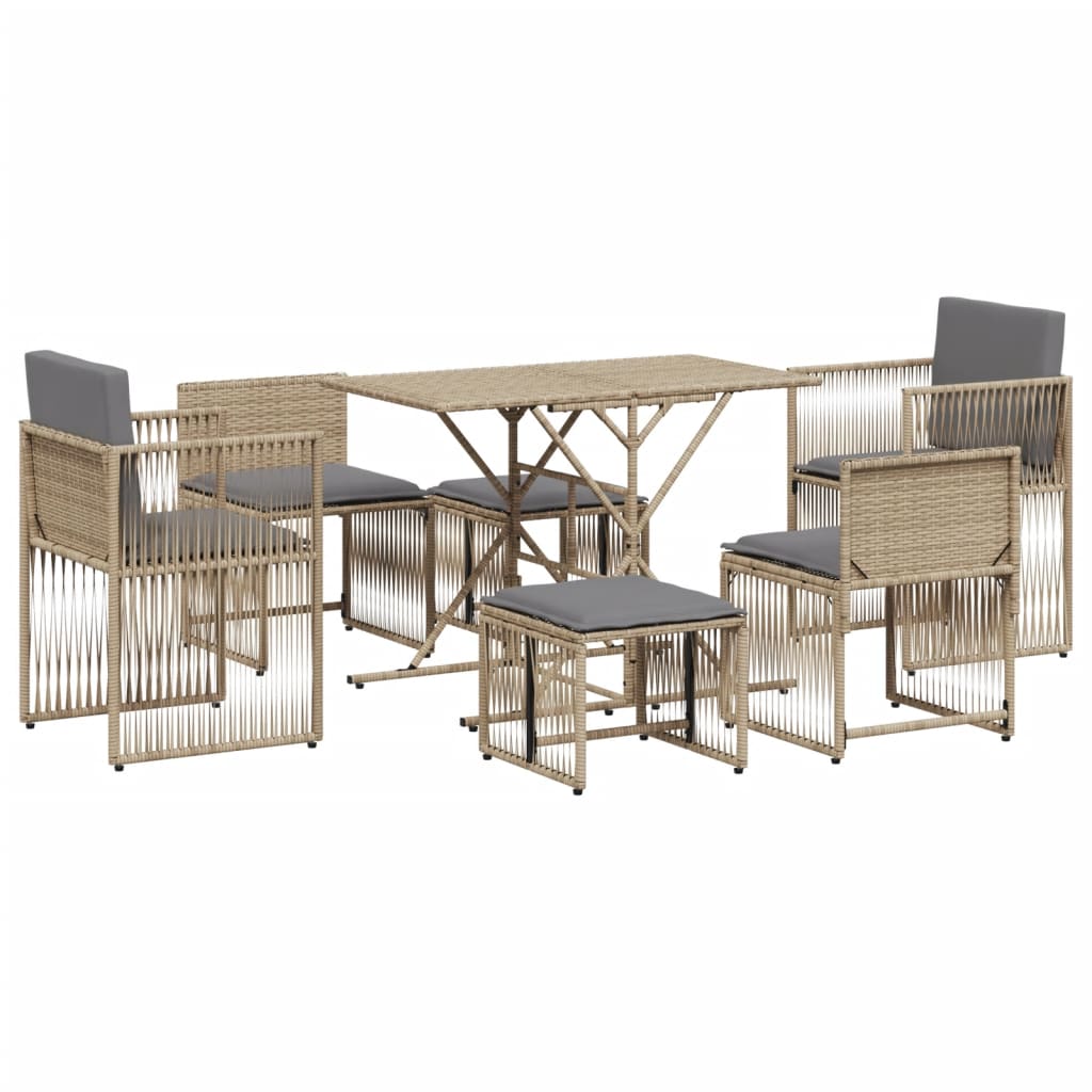 7-tlg. Garten-Essgruppe mit Kissen Beige Poly Rattan