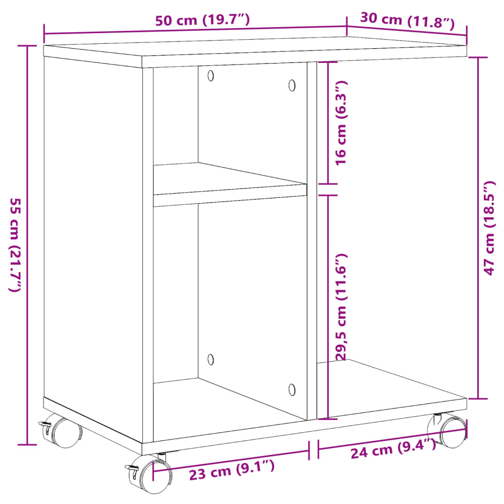 Beistelltisch mit Rollen Braun Eiche 50x30x55 cm Holzwerkstoff