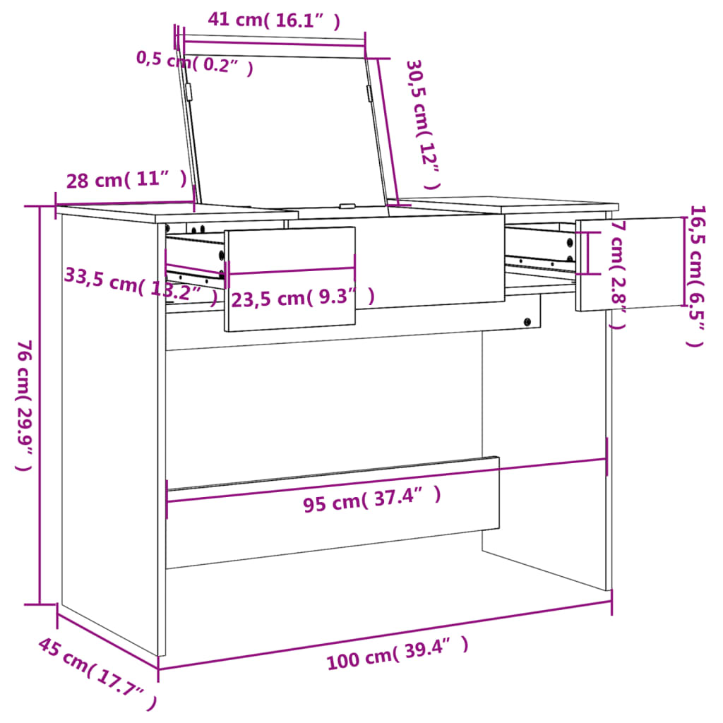 Schminktisch mit Spiegel Sonoma-Eiche 100x45x76 cm