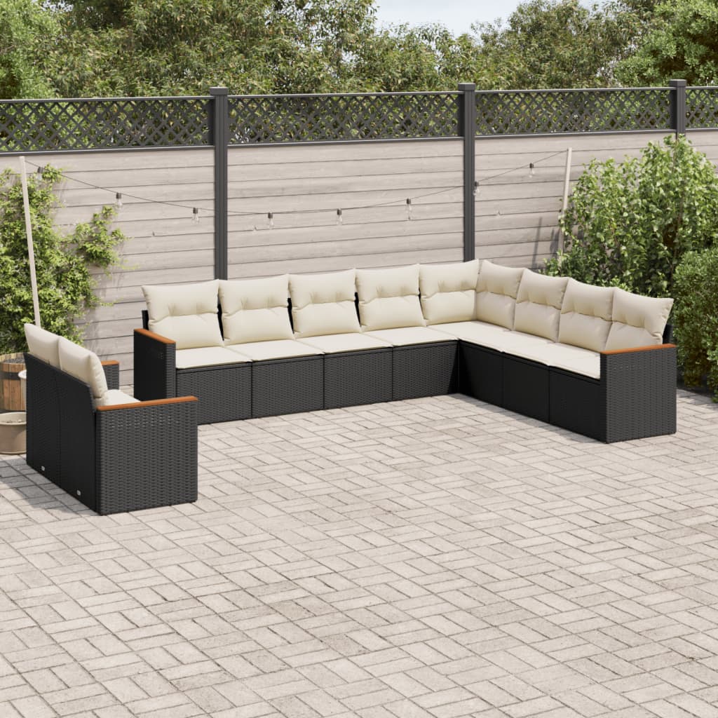 10-tlg. Garten-Sofagarnitur mit Kissen Schwarz Poly Rattan