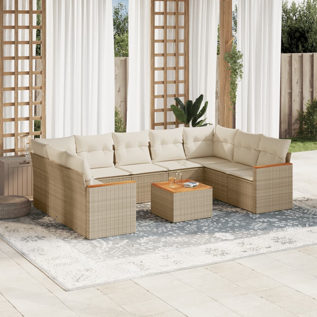 10-tlg. Garten-Sofagarnitur mit Kissen Beige Poly Rattan