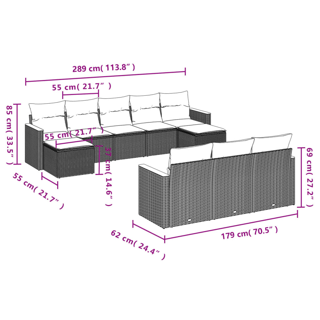 10-tlg. Garten-Sofagarnitur mit Kissen Grau Poly Rattan