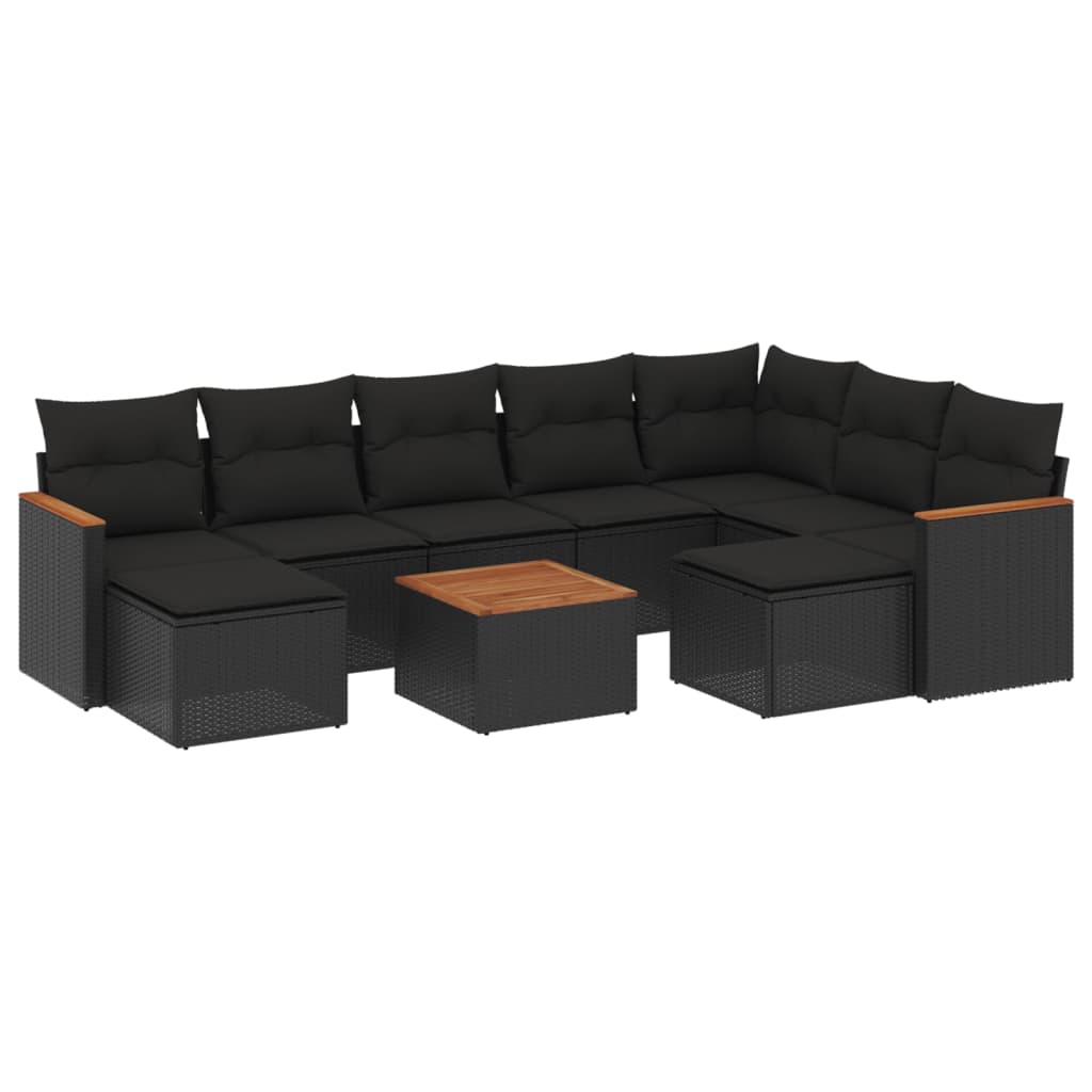 10-tlg. Garten-Sofagarnitur mit Kissen Schwarz Poly Rattan