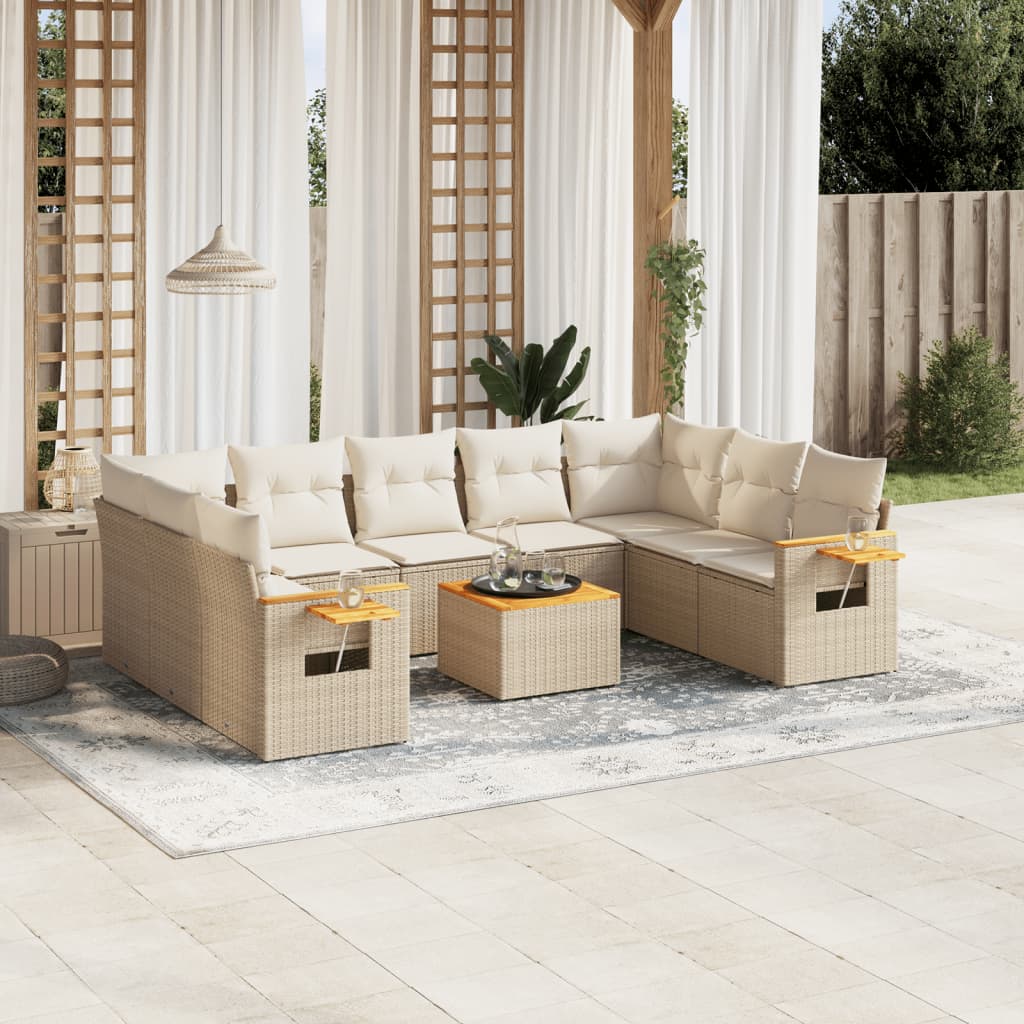 10-tlg. Garten-Sofagarnitur mit Kissen Beige Poly Rattan