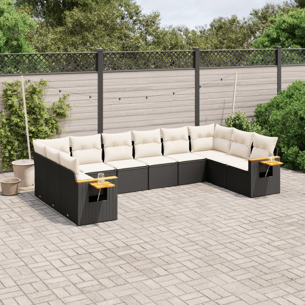 10-tlg. Garten-Sofagarnitur mit Kissen Schwarz Poly Rattan