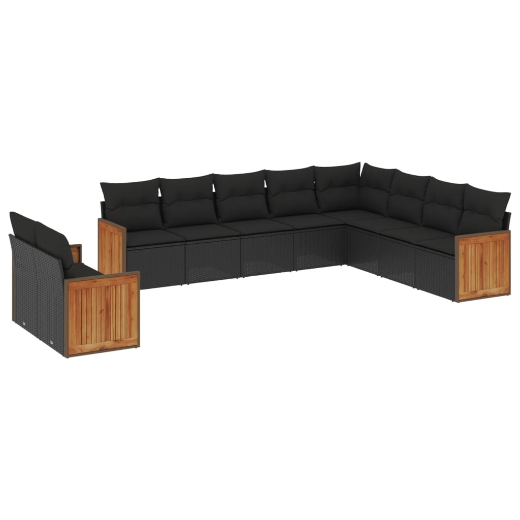 10-tlg. Garten-Sofagarnitur mit Kissen Schwarz Poly Rattan