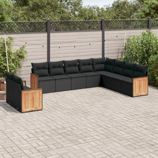 10-tlg. Garten-Sofagarnitur mit Kissen Schwarz Poly Rattan