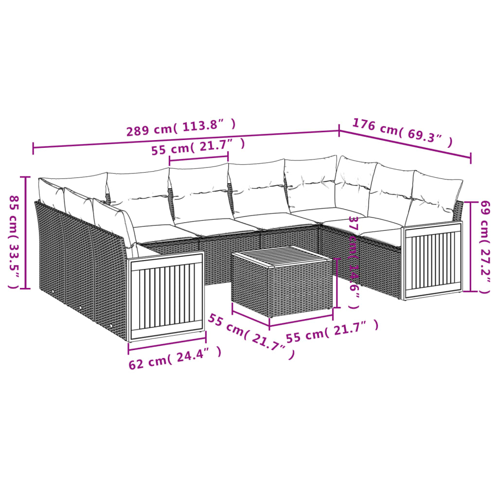 10-tlg. Garten-Sofagarnitur mit Kissen Beige Poly Rattan