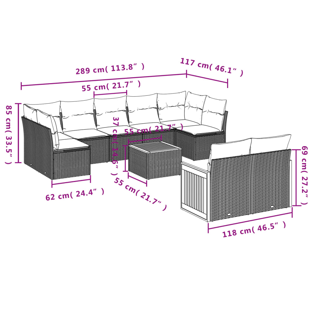 10-tlg. Garten-Sofagarnitur mit Kissen Grau Poly Rattan