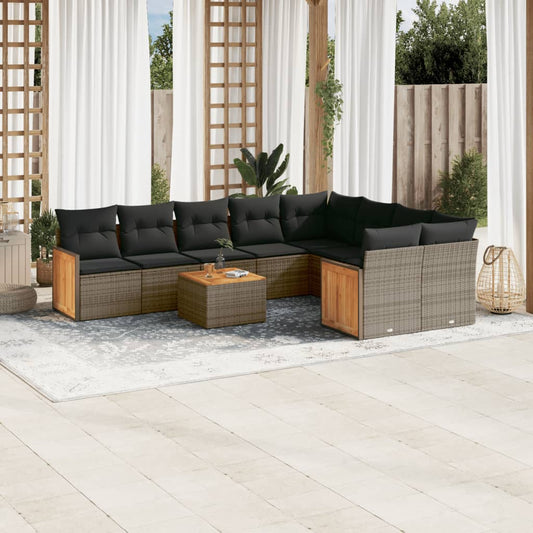 10-tlg. Garten-Sofagarnitur mit Kissen Grau Poly Rattan