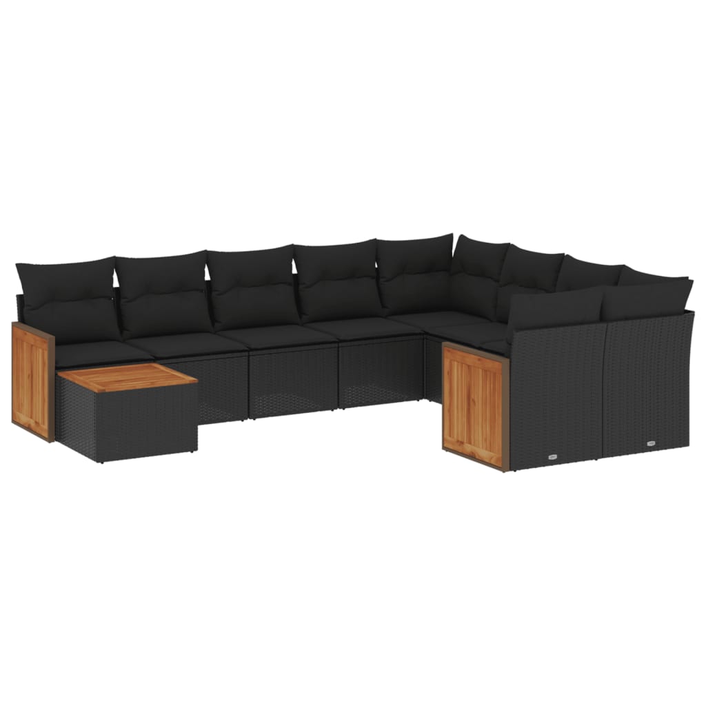 10-tlg. Garten-Sofagarnitur mit Kissen Schwarz Poly Rattan