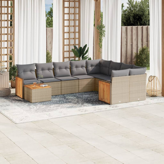 10-tlg. Garten-Sofagarnitur mit Kissen Beige Poly Rattan