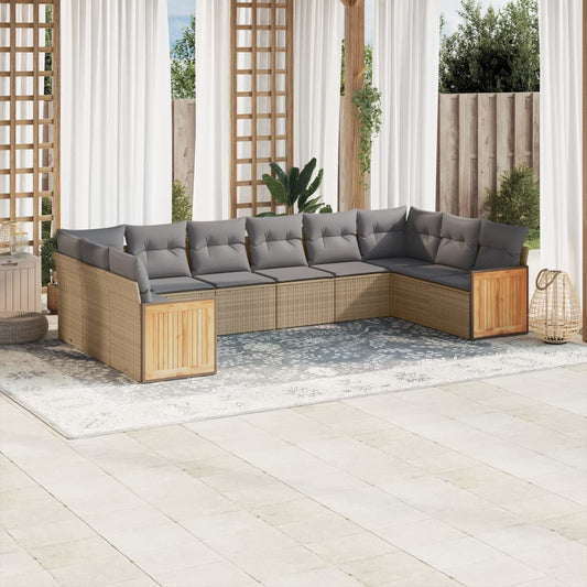 10-tlg. Garten-Sofagarnitur mit Kissen Beige Poly Rattan