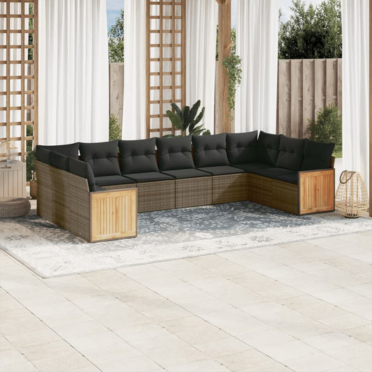 10-tlg. Garten-Sofagarnitur mit Kissen Grau Poly Rattan